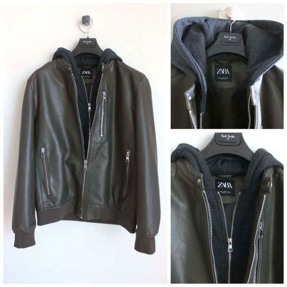ZARA MAN DOUBLE ZIP LEATHER JACKET W/DETACHABLE HOOD
